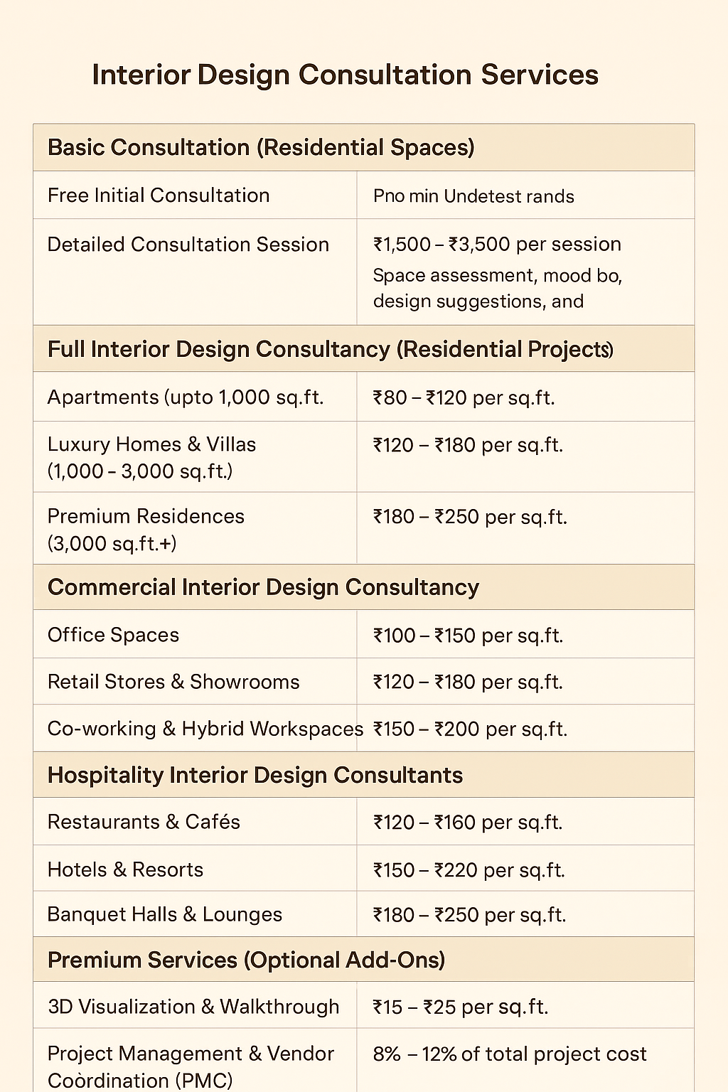 Interior design consultation services pricing chart showing fees for residential, commercial, hospitality projects, and premium add-ons.