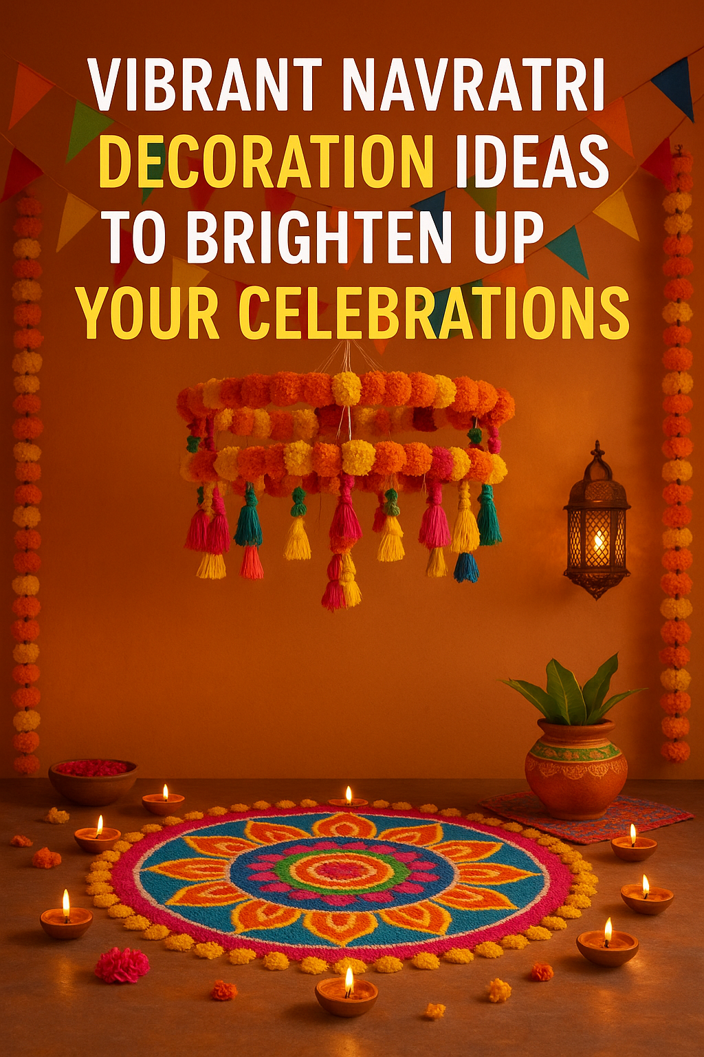 Vibrant Navratri decoration with colorful rangoli, marigold garlands, hanging tassels, diyas, and festive lanterns.