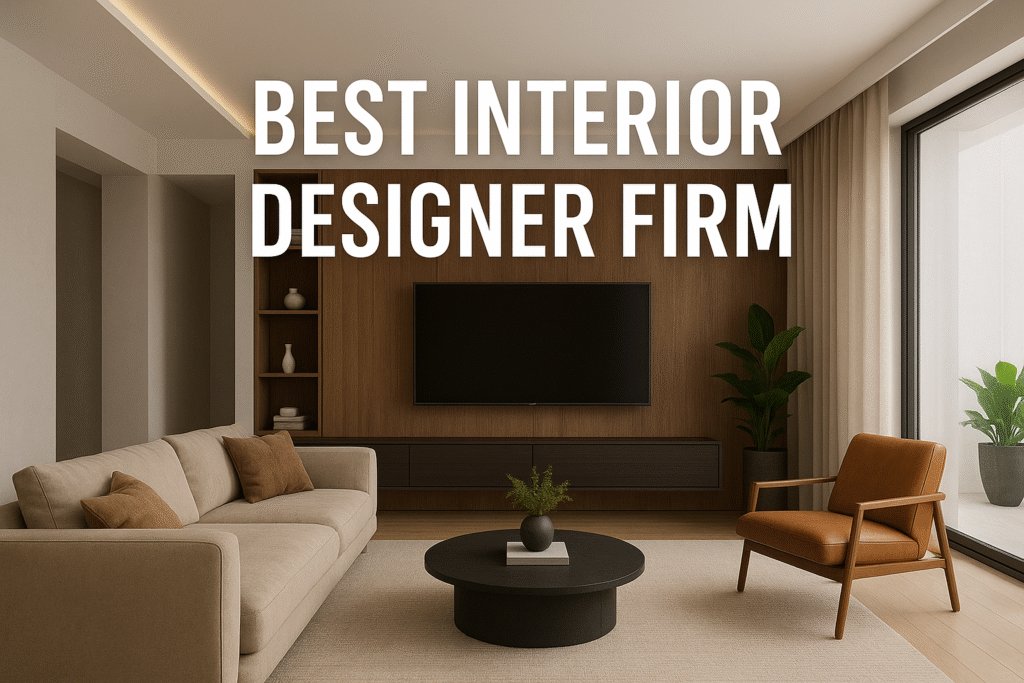 Modern luxury living room interior design with neutral tones, wooden accents, and elegant furniture by the best interior designer firm