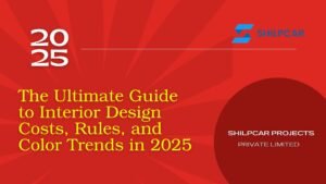 Red graphic banner for Shilpcar Projects Private Limited featuring the title ‘The Ultimate Guide to Interior Design Costs, Rules, and Color Trends in 2025’ with the Shilpcar logo and bold 2025 typography.