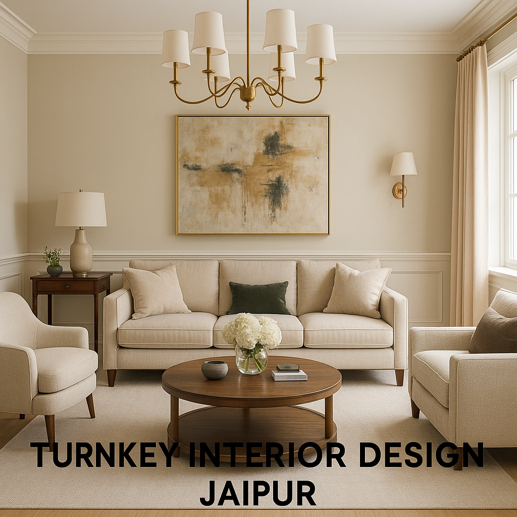 A modern living room interior designed in neutral beige tones featuring a sleek sofa, round wooden coffee table, abstract wall art, and brass chandelier, representing Turnkey Interior Design Jaipur.