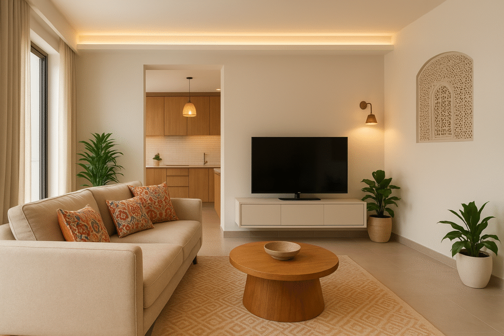 Modern Jaipur living room with a beige sofa, block-print cushions, wooden coffee table, indoor plants, a sleek TV unit, and an open modular kitchen in the background.
